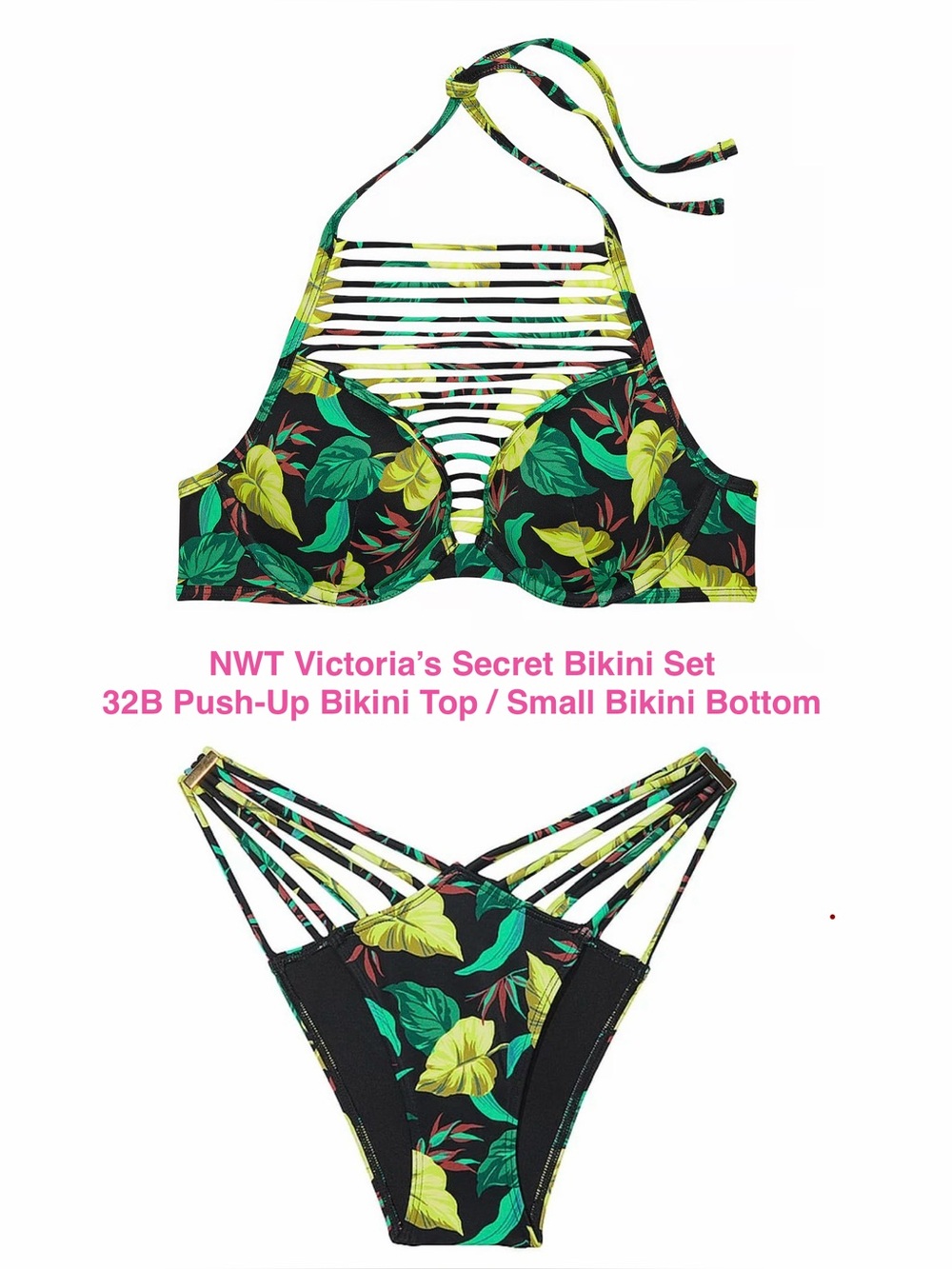 Victoria's Secret Tropical Strappy Bikini Set 32B Push-Up bikini top & small